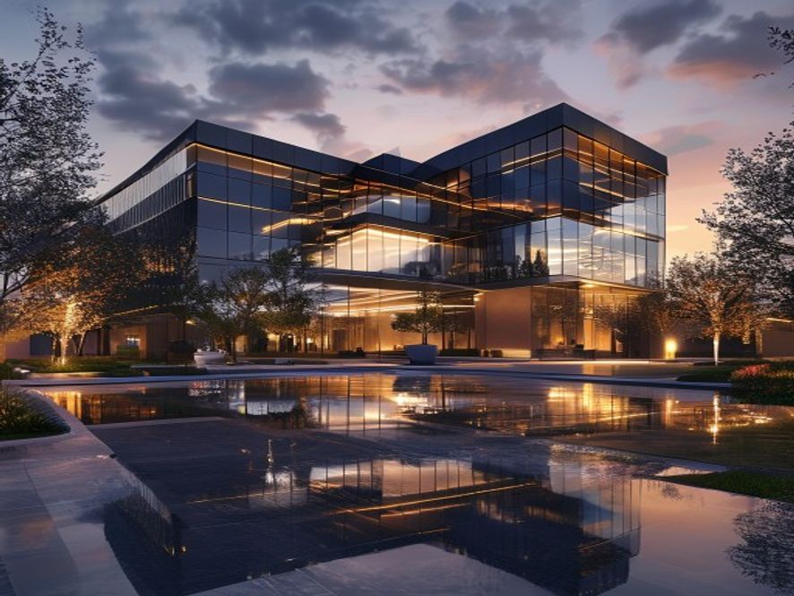 A contemporary corporate headquarters building at dusk