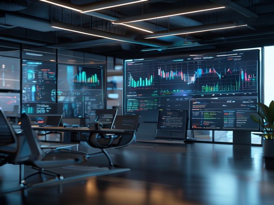A sleek fintech workspace with financial charts and payment technology on screens