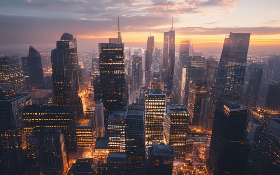 A global financial district skyline at dusk, glass towers lit against a golden sky
