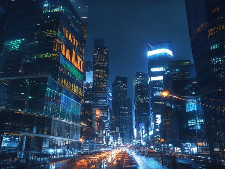 A modern financial district at night with glowing stock market data on screens