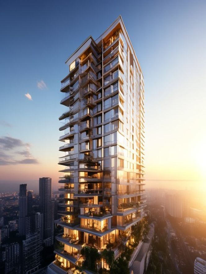 A luxury residential high-rise apartment tower at golden hour