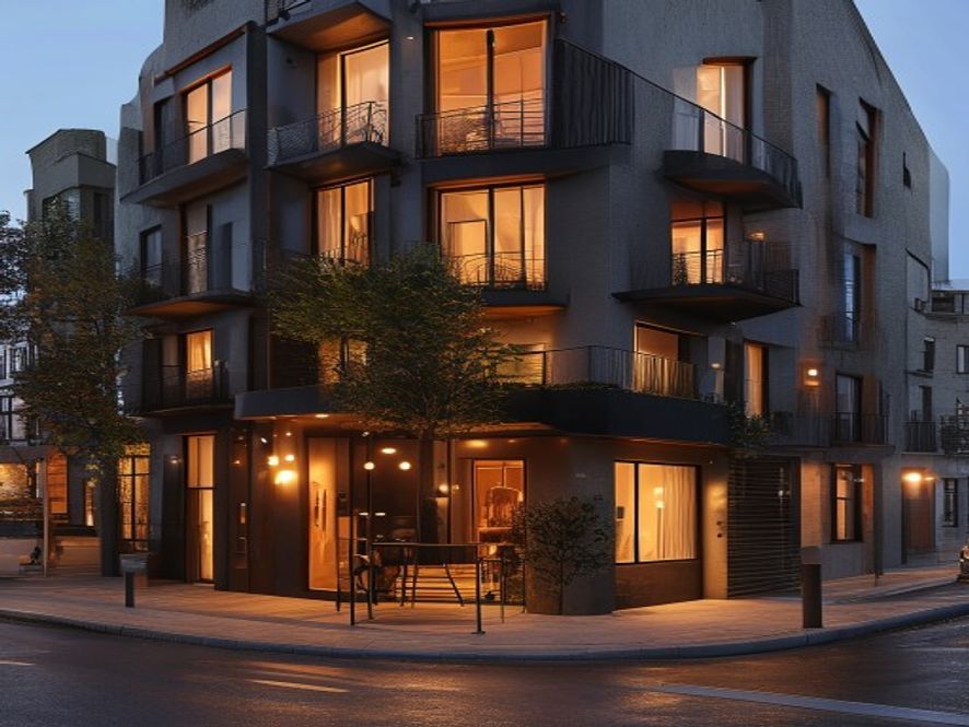 A boutique modern studio apartment residential building exterior in evening light
